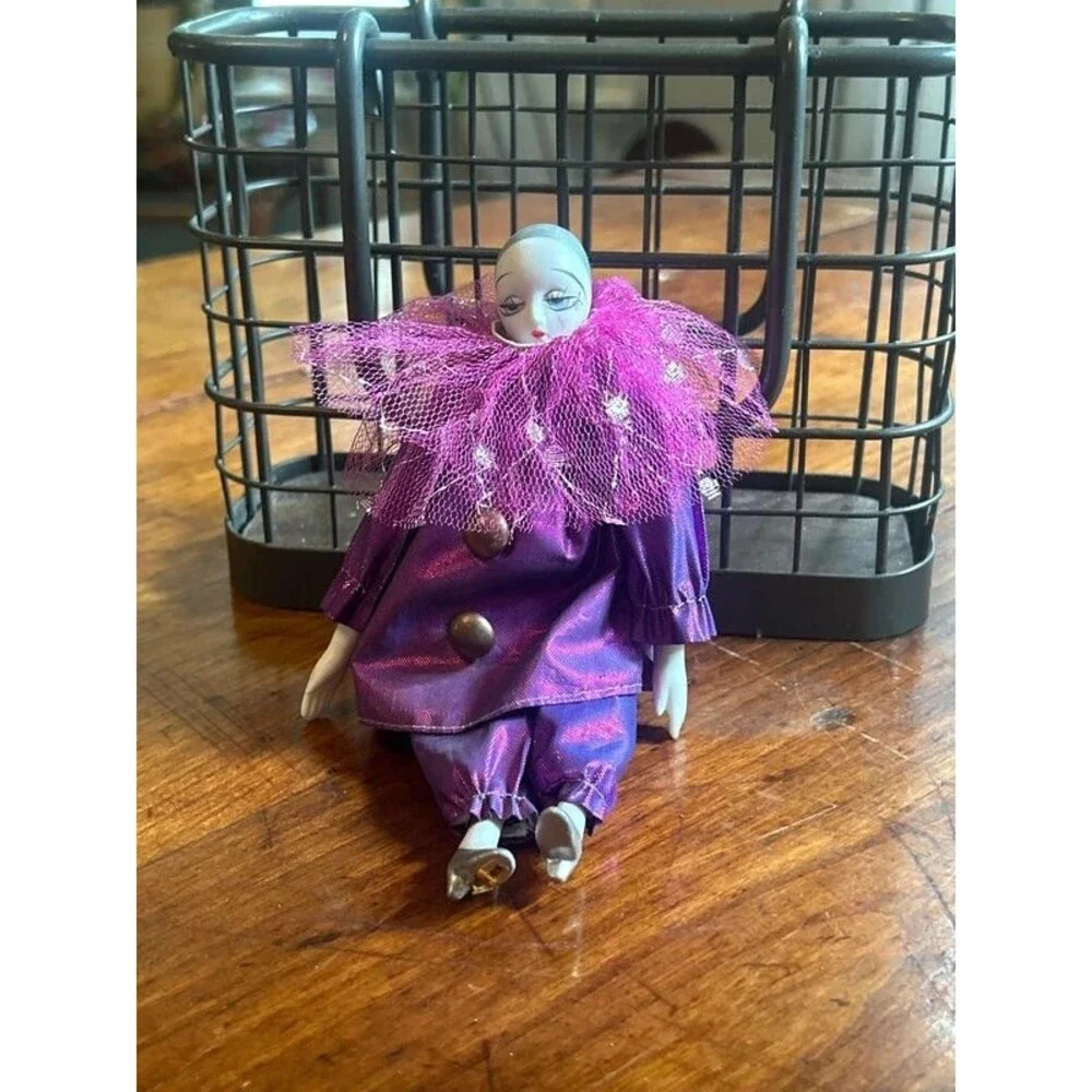 Vintage Purple Porcelain Face Pierrot Doll 7.5 Inch Sad Teardrop Clown Harlequin